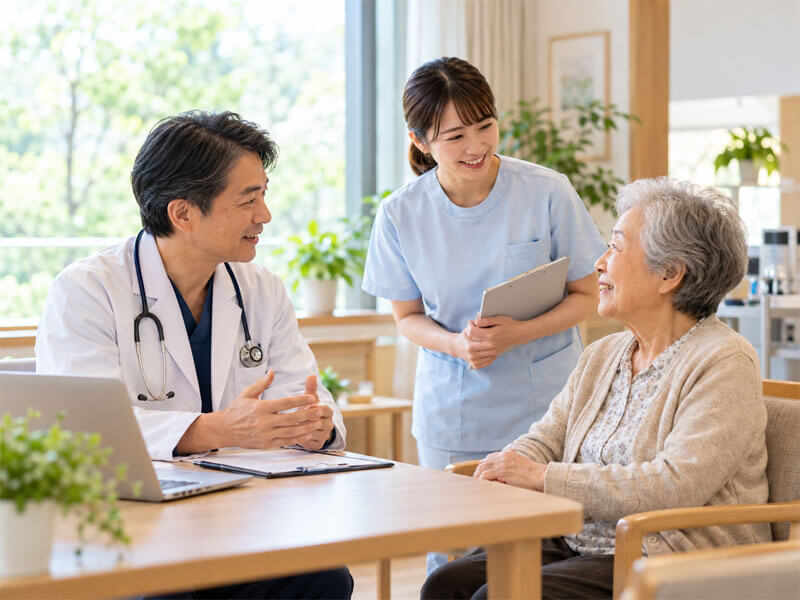 医療機関と連携しながら入居者様の健康管理を行う様子